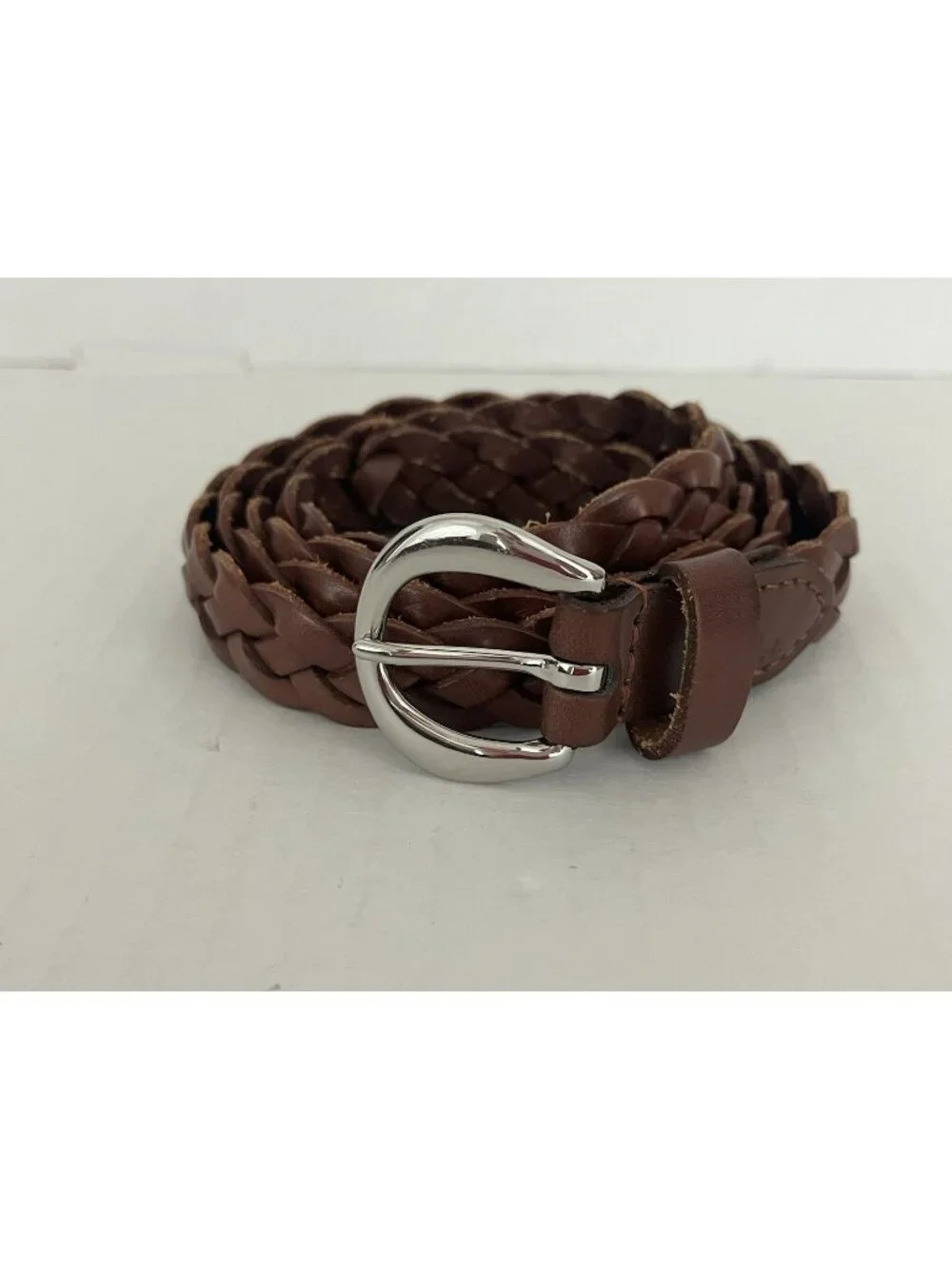 Lauren Ralph Lauren Women's Woven Braided Brown Leather Belt Silver Buckle 48